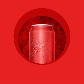 Cans with water droplets and ice on red background