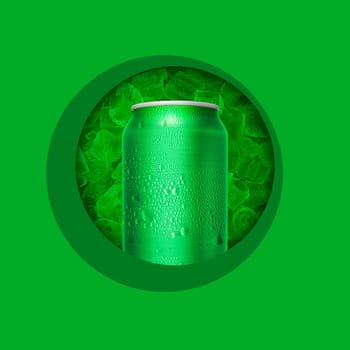 Cans with water droplets and ice on green background