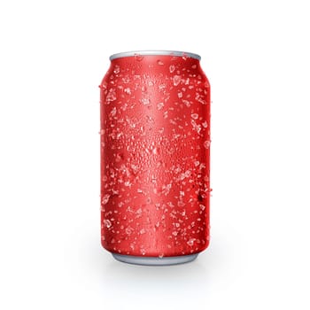 Cans with water droplets and ice on white background