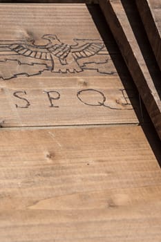 Camp wooden box for transport military supplies used by ancient roman army. SPQR symbol engraved