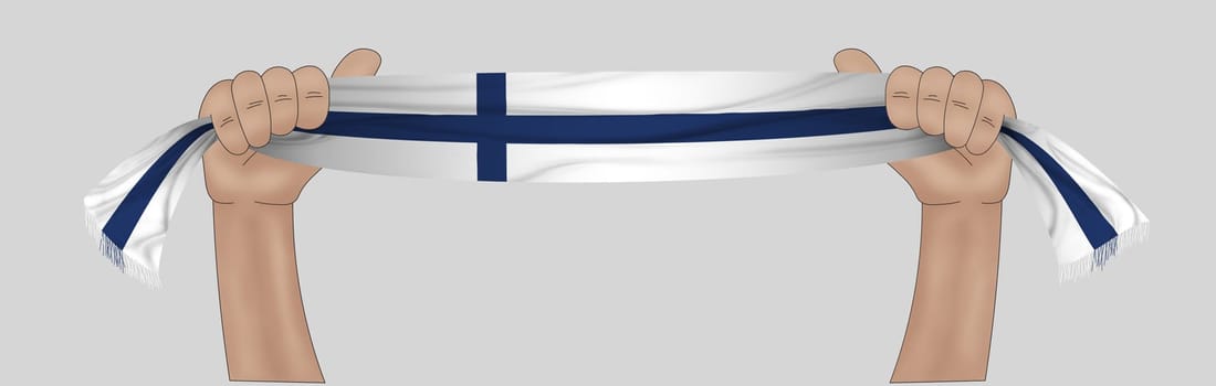 3D illustration. Hand holding flag of Finland on a fabric ribbon background.