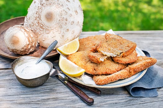 Macrolepiota procera parasol mushrooms breaded and crispy fried served on plate. Breaded in egg and breadcrumbs, then fried in oil