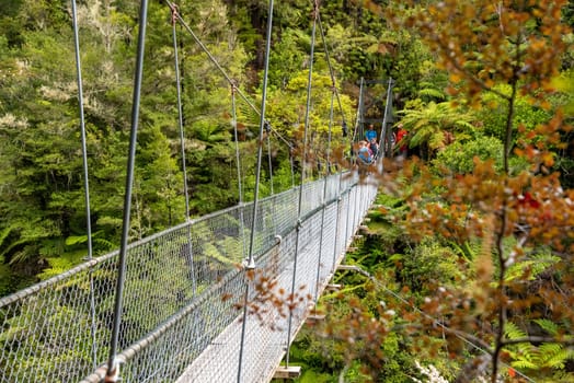 Warning signs about a suspension footbridge in Abel Tasman Cost Track, New Zealand