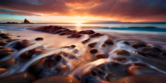 artificial intelligence generated painterly image of the beautiful paradise sunset at the seaside where sea waves splashing on the land and coconut trees nearby reflecting on the wet beach.