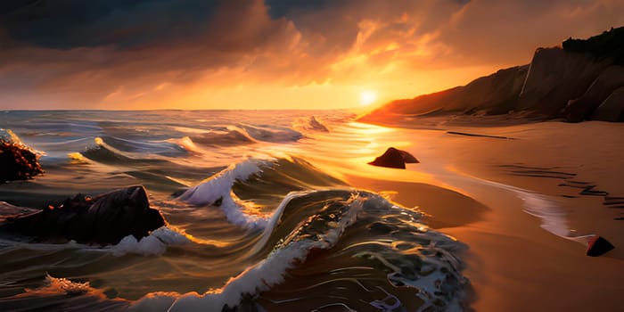 artificial intelligence generated painterly image of the beautiful paradise sunset at the seaside where sea waves splashing on the land and coconut trees nearby reflecting on the wet beach.