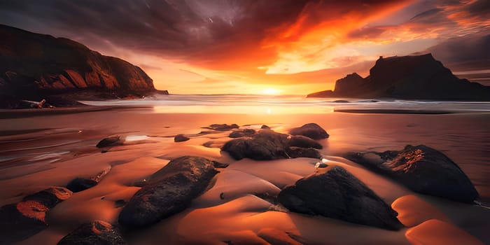 artificial intelligence generated painterly image of the beautiful paradise sunset at the seaside where sea waves splashing on the land and coconut trees nearby reflecting on the wet beach.