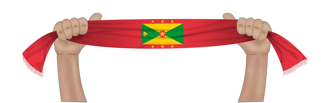 3D illustration. Hand holding flag of Grenada on a fabric ribbon background.