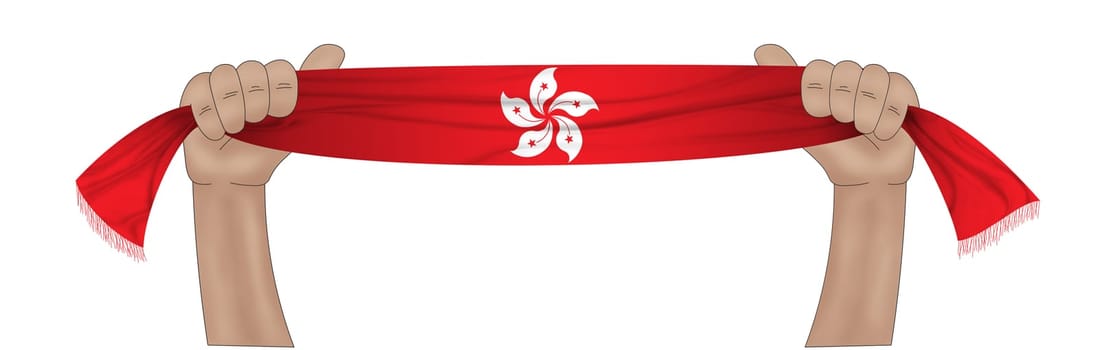 3D illustration. Hand holding flag of Hong Kong on a fabric ribbon background.
