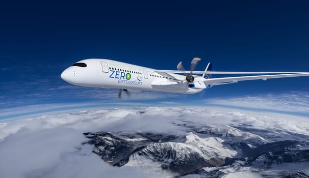 electric powered commercial airliner Aeroplane flying in the bue sky - future electro energy aviation concept. 3d rendering