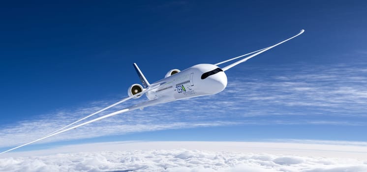 electric powered commercial airliner Aeroplane flying in the bue sky - future electro energy aviation concept. 3d rendering