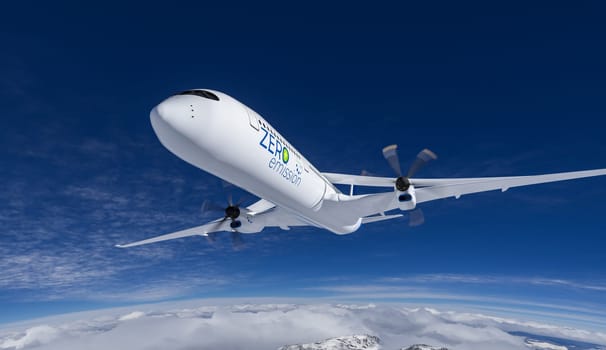 electric powered commercial airliner Aeroplane flying in the bue sky - future electro energy aviation concept. 3d rendering