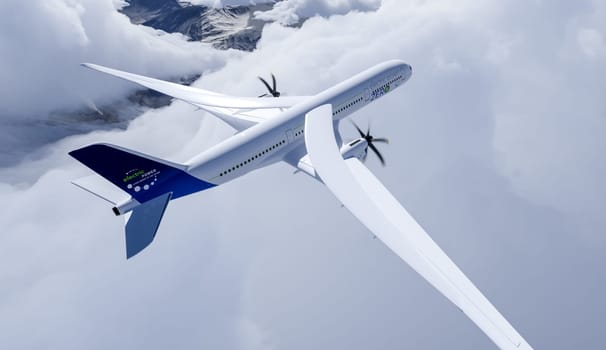 electric powered commercial airliner Aeroplane flying in the bue sky - future electro energy aviation concept. 3d rendering