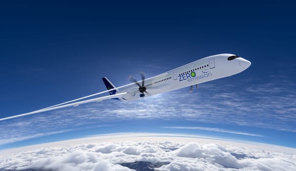 electric powered commercial airliner Aeroplane flying in the bue sky - future electro energy aviation concept. 3d rendering