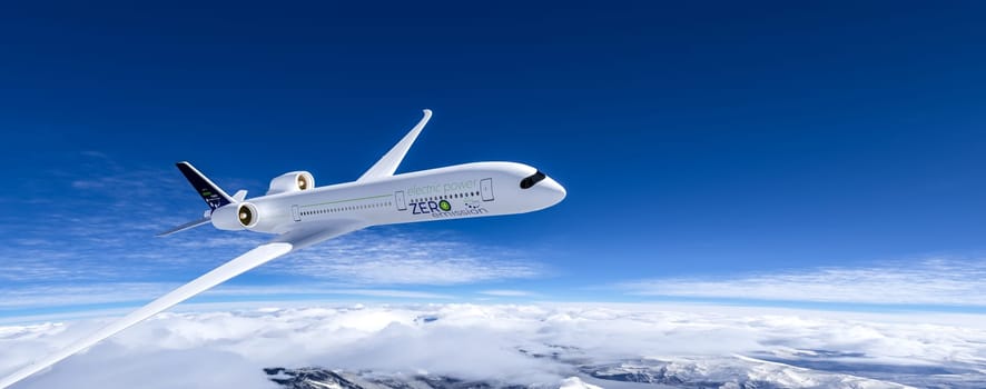 electric powered commercial airliner Aeroplane flying in the bue sky - future electro energy aviation concept. 3d rendering