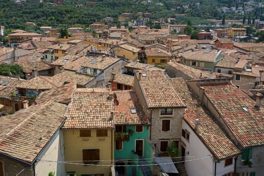 Bird's eye view of the roofs of the historic old town of Malcesine on Lake Garda in Italy