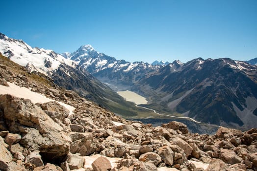Mount Cook on a sunny summer day from Mueller Hut Route, Mount Cook National Park, South Island of New Zealand
