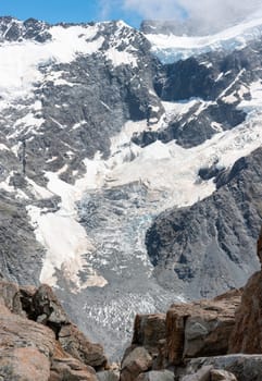 View of Mueller glacier from Mount Oliver, Mount Cook National Park, South Island of New Zealand