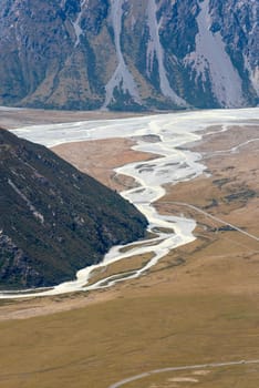 Scenic view of Hooker valley from Mueller Hut Route, Mount Cook National Park, South Island of New Zealand