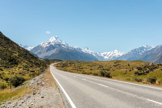 Scenic view of Southern Alps from the entrance to Aoraki National Park, South Island of New Zealand