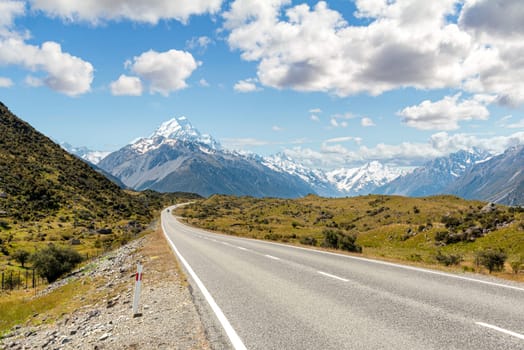 Scenic view of Southern Alps from the entrance to Aoraki National Park, South Island of New Zealand