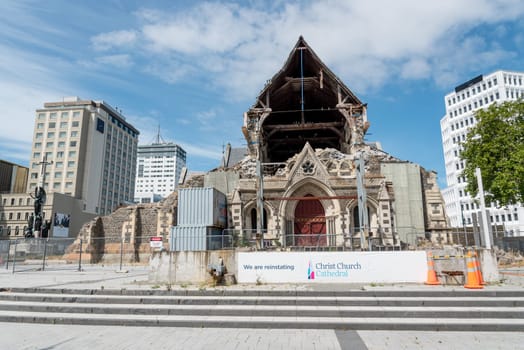 CHRISTCHURCH, NEW ZEALAND - DECEMBER 16, 2022 - Ruin of famous Christchurch Cathedral after the earthquake of 2011, South Island of New Zealand