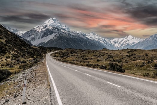 Scenic view of Southern Alps from the entrance to Aoraki National Park, South Island of New Zealand