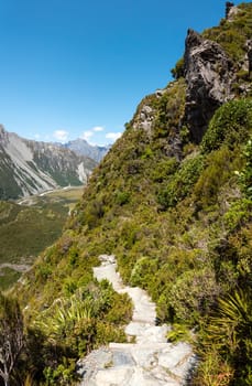 Hiking trail to Mueller Hut Route in Aoraki National Park, South Island of New Zealand