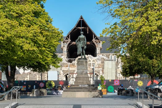 CHRISTCHURCH, NEW ZEALAND - DECEMBER 16, 2022 - Ruin of famous Christchurch Cathedral after the earthquake of 2011, South Island of New Zealand