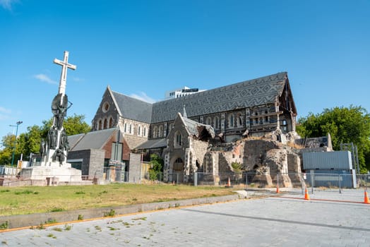Ruin of famous Christchurch Cathedral after the earthquake of 2011, South Island of New Zealand