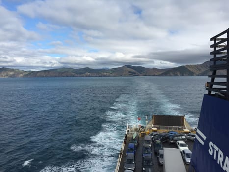 Ferry leaving Picton bay towards Wellington, New Zealand