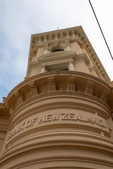WELLINGTON, NEW ZEALAND - JANUARY 8, 2023 - Close-up of the lettering of the old Bank of New Zealand building in Wellington, New Zealand