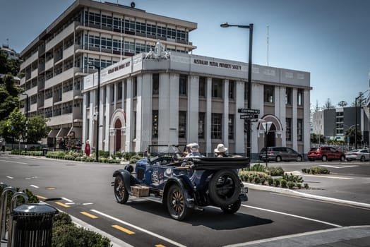 NAPIR, NEW ZEALAND - JANUARY 10, 2023 - Famous Art Deco buildings in downtown Napier, North Island of New Zealand