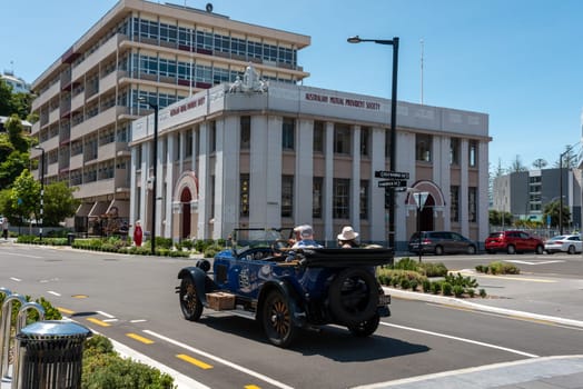 NAPIR, NEW ZEALAND - JANUARY 10, 2023 - Famous Art Deco buildings in downtown Napier, North Island of New Zealand