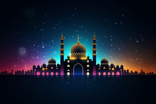 Silhouette of a mosque with colorful lights for Mawlid festivities