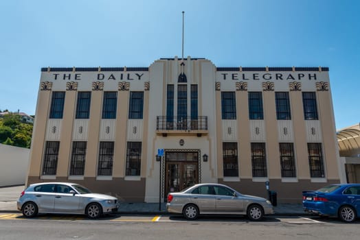 NAPIR, NEW ZEALAND - JANUARY 10, 2023 - Art Deco building The Daily Telegraph in downtown Napier, North Island of New Zealand