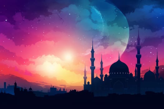 Silhouette of a mosque against a colorful sky for Mawlid festivities