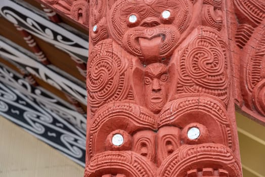 Beautiful traditional Maori sculptures in Whakarewarewa village, North Island of New Zealand