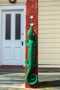Beautiful traditional Maori sculptures in Whakarewarewa village, North Island of New Zealand