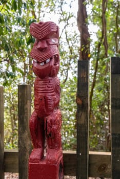 Beautiful traditional Maori sculptures in Whakarewarewa village, North Island of New Zealand