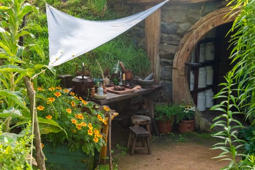 HOBBITON, NEW ZEALAND - JANUARY 20, 2023 - Famous Hobbiton village in Matamata from the movies The Hobbit and Lord of the Rings, New Zealand