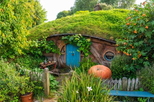 HOBBITON, NEW ZEALAND - JANUARY 20, 2023 - Famous Hobbiton village in Matamata from the movies The Hobbit and Lord of the Rings, New Zealand