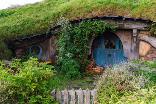 HOBBITON, NEW ZEALAND - JANUARY 20, 2023 - Famous Hobbiton village in Matamata from the movies The Hobbit and Lord of the Rings, New Zealand