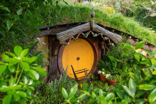 HOBBITON, NEW ZEALAND - JANUARY 20, 2023 - Famous Hobbiton village in Matamata from the movies The Hobbit and Lord of the Rings, New Zealand