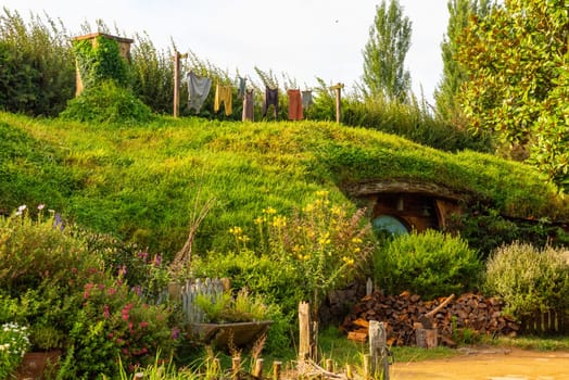 HOBBITON, NEW ZEALAND - JANUARY 20, 2023 - Famous Hobbiton village in Matamata from the movies The Hobbit and Lord of the Rings, New Zealand