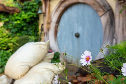 HOBBITON, NEW ZEALAND - JANUARY 20, 2023 - Famous Hobbiton village in Matamata from the movies The Hobbit and Lord of the Rings, New Zealand