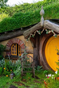 HOBBITON, NEW ZEALAND - JANUARY 20, 2023 - Famous Hobbiton village in Matamata from the movies The Hobbit and Lord of the Rings, New Zealand