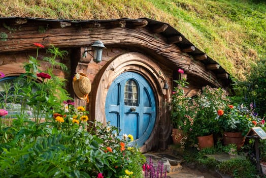 HOBBITON, NEW ZEALAND - JANUARY 20, 2023 - Famous Hobbiton village in Matamata from the movies The Hobbit and Lord of the Rings, New Zealand