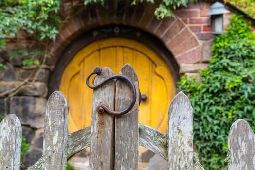 HOBBITON, NEW ZEALAND - JANUARY 20, 2023 - Famous Hobbiton village in Matamata from the movies The Hobbit and Lord of the Rings, New Zealand