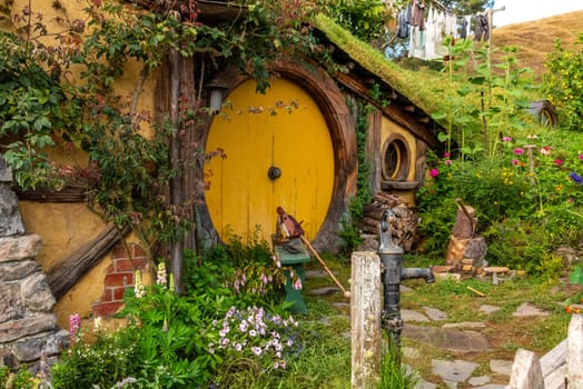 HOBBITON, NEW ZEALAND - JANUARY 20, 2023 - Samwise Gamgee's home in Hobbiton village from the movies The Hobbit and Lord of the Rings, New Zealand