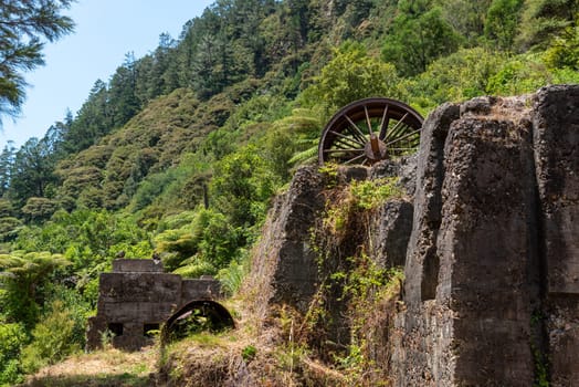 Remains of an old stamping battery in Karangahake of the past gold rush time, Coromandel peninsula, New Zealand